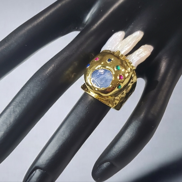 New Unique Baroque Pearl Crystal Hammered Chunky Ring - Picture 6 of 6